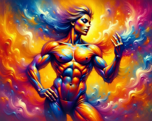 Stylized Muscular Figure Against Colorful Abstract Background