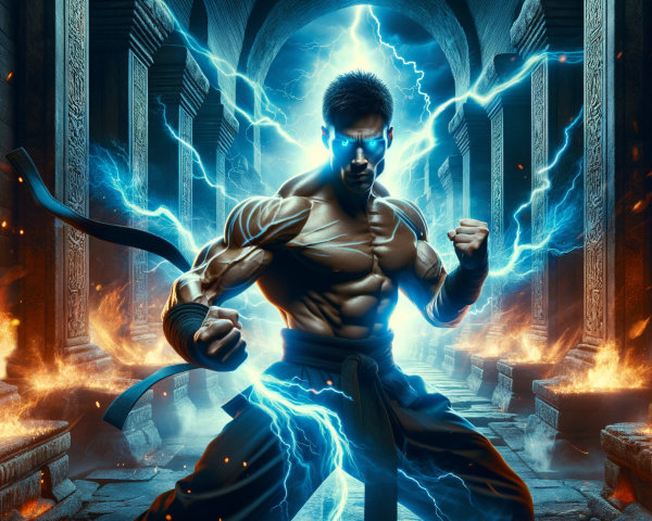 Muscular Martial Artist in Lightning-Infused Scene