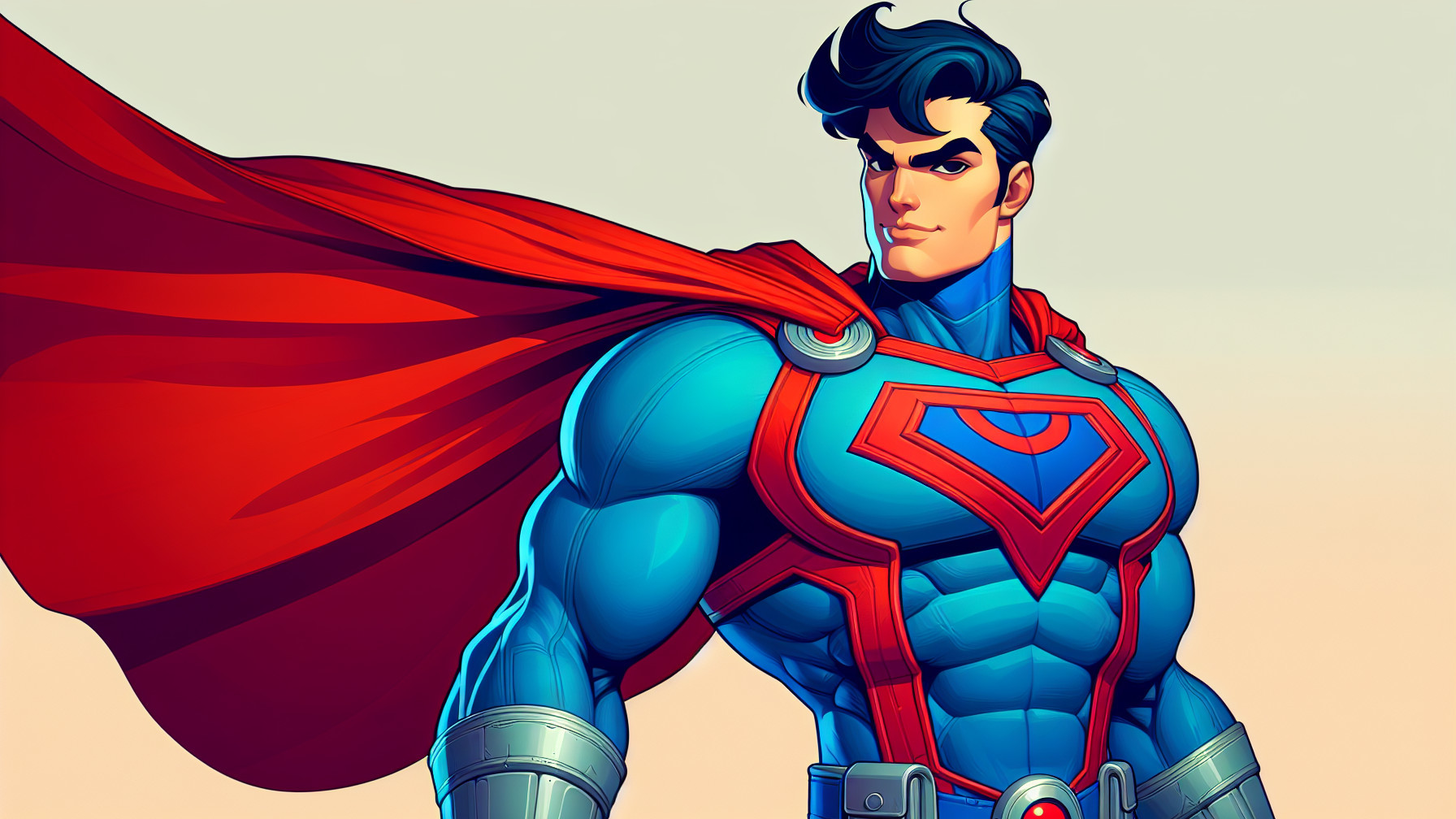 Stylized superhero in blue suit with red cape