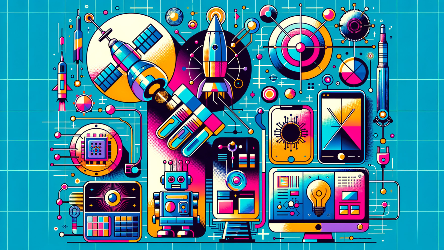 Vibrant Retro-Futuristic Technology Collage Design