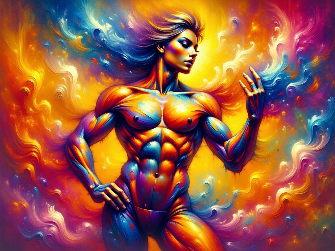 Stylized Muscular Figure Against Colorful Abstract Background