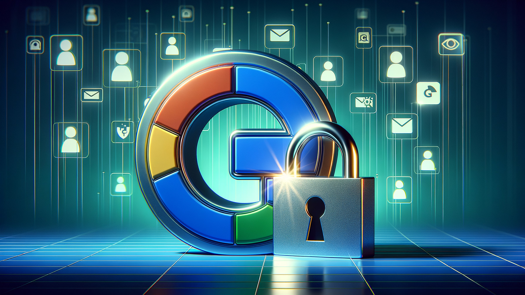 Stylized Google Logo with Security Symbol and Icons