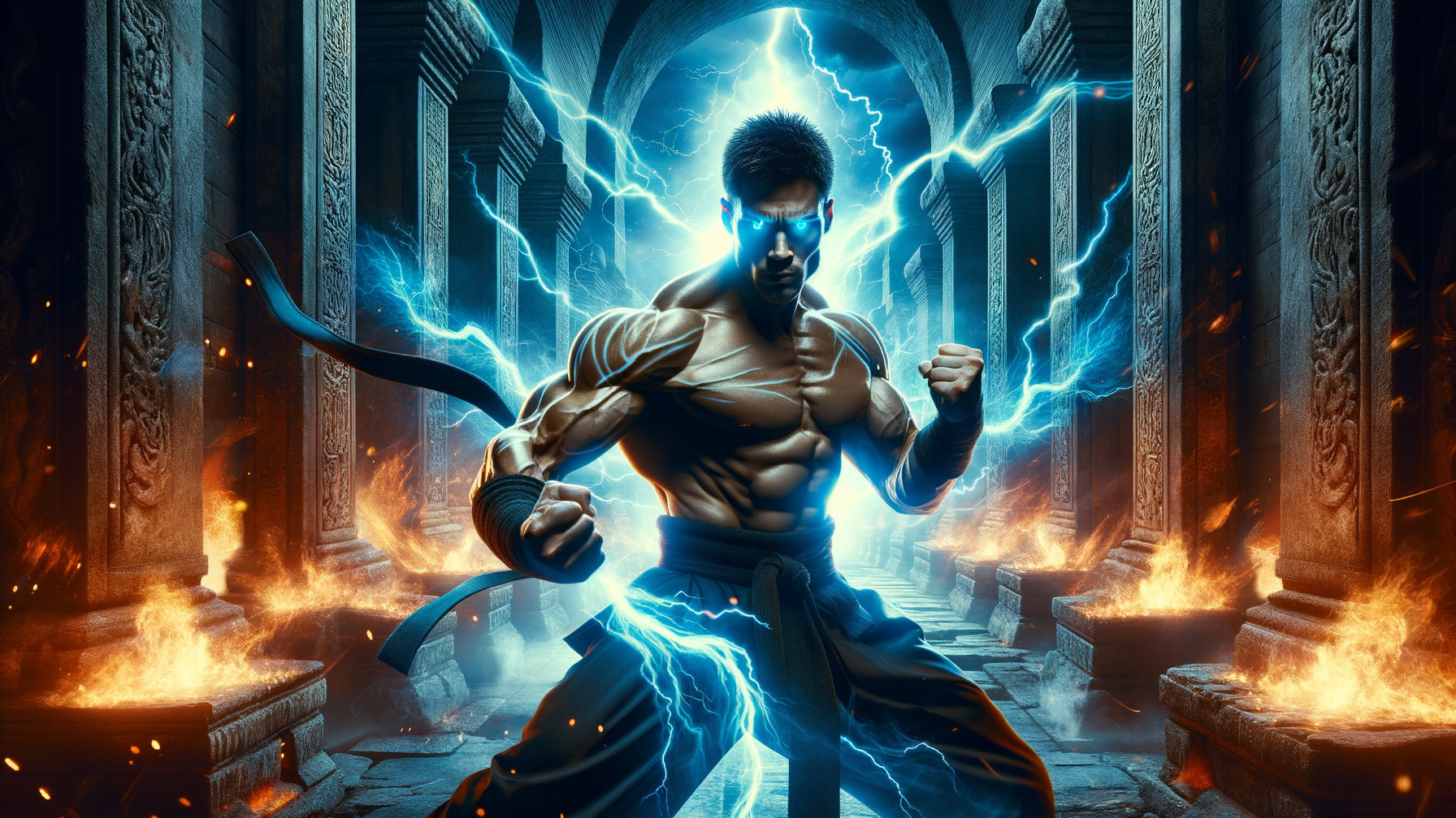 Muscular Martial Artist in Lightning-Infused Scene