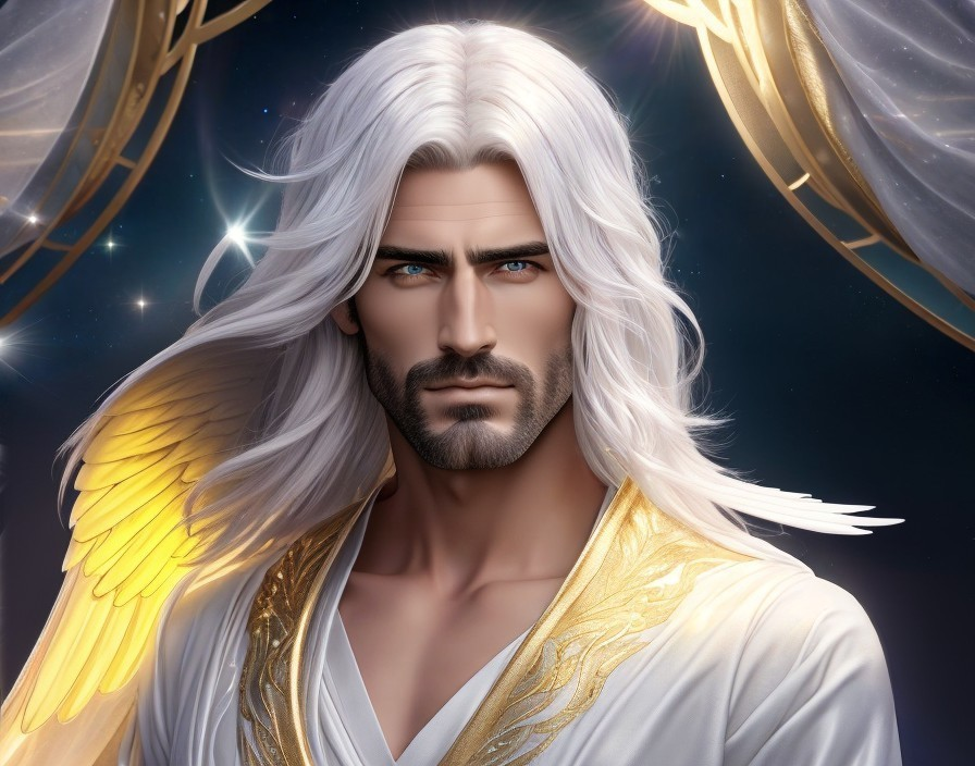 Long white hair, blue eyes, gold and white robe, angelic wings illustration.
