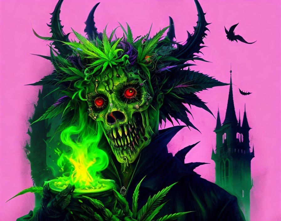 Skull with red eyes and green foliage, holding green flames, birds, tower on pink background