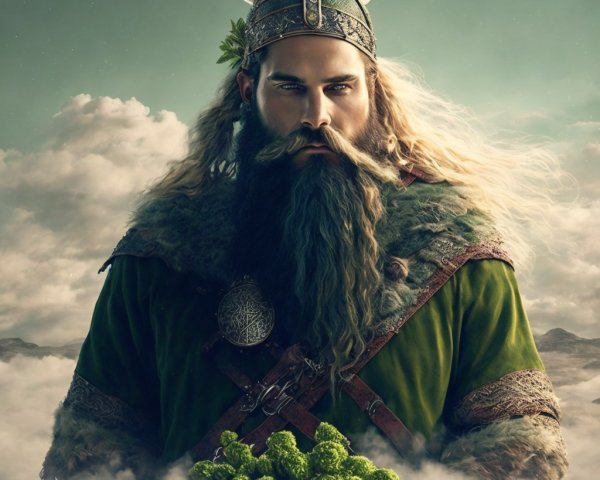 Bearded Viking in Horned Helmet with Broccoli in Mist