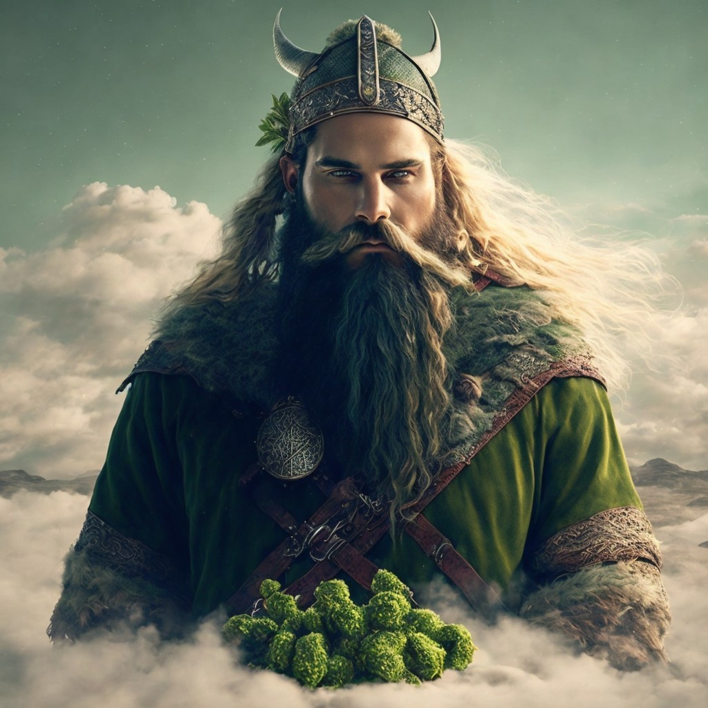 Bearded Viking in Horned Helmet with Broccoli in Mist