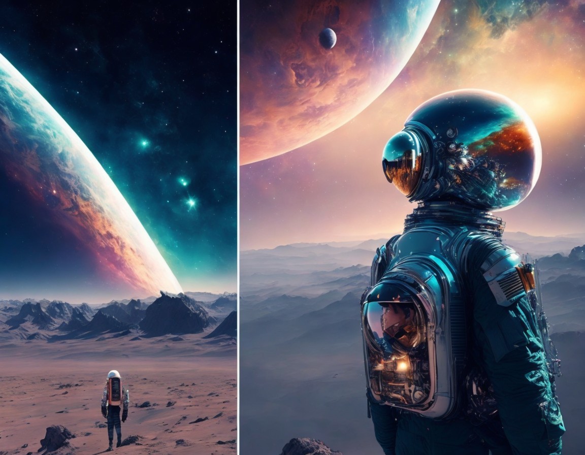 Astronaut on rocky alien surface with large planets and galaxy.