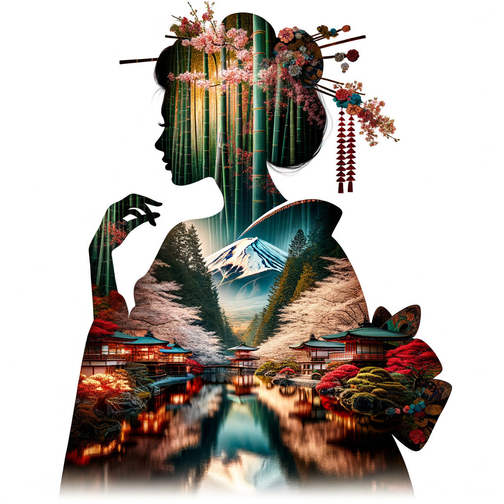 Silhouette of a Geisha in Kimono with Cherry Blossoms