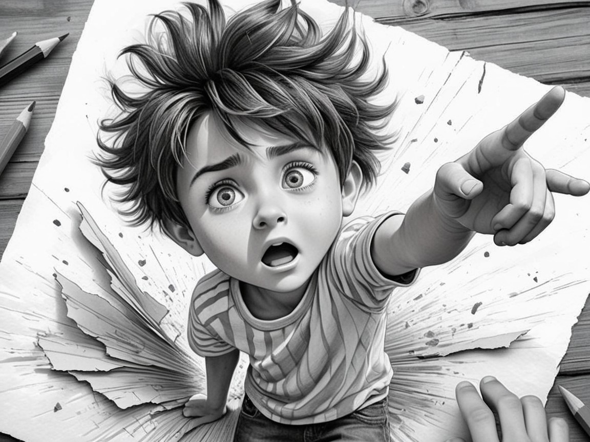 Monochrome Artwork of Boy Emerging from Torn Paper