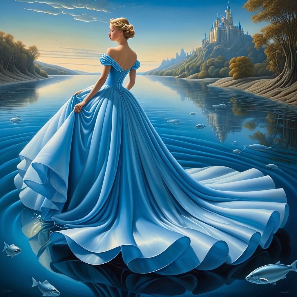 Blond Woman in Blue Dress by Still Water and Castle