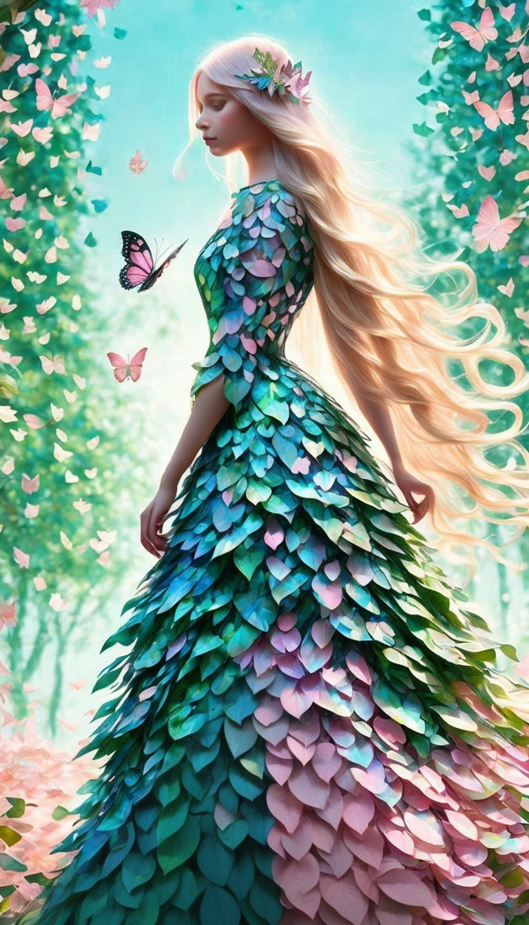 Graceful figure in vibrant leaf gown with butterflies