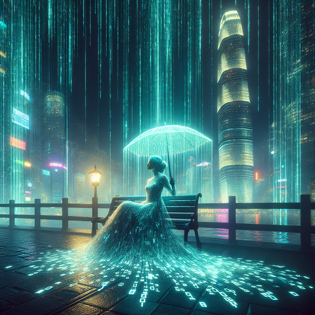 Futuristic cityscape with digital data and neon lights