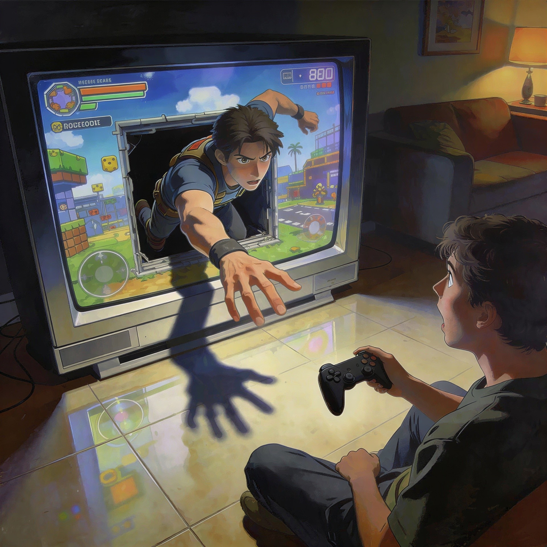 Surprised Young Man Playing Video Game on CRT TV