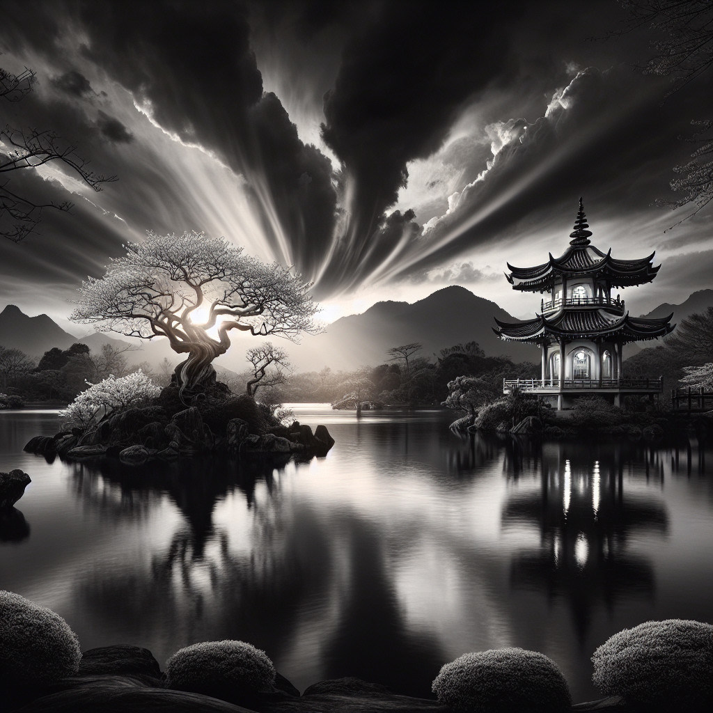 Black and White Landscape with Pagoda and Mountains
