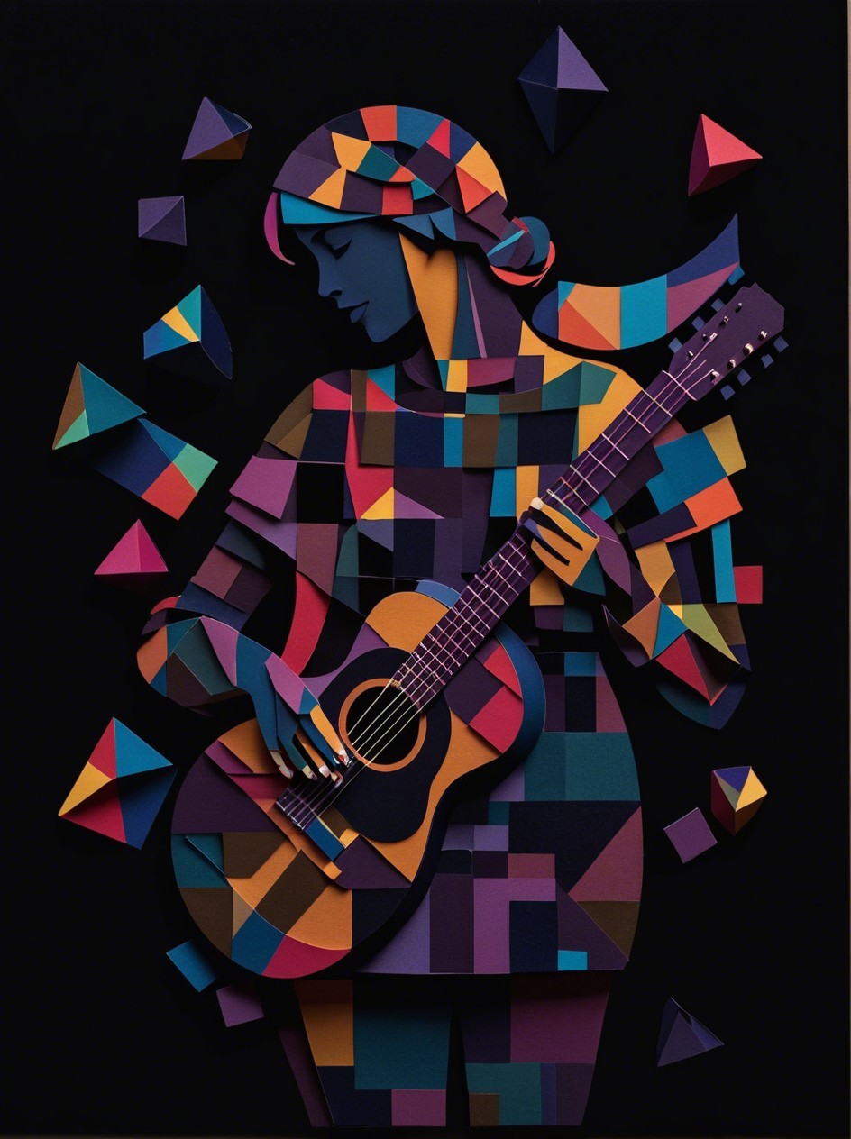 Woman Playing Guitar in Colorful Paper Cutout Style