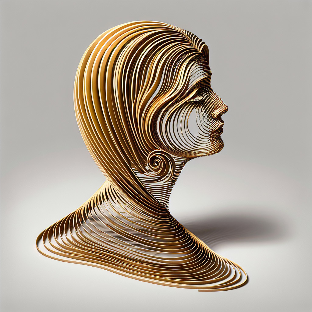 Sculpture of a woman's head with layered material design