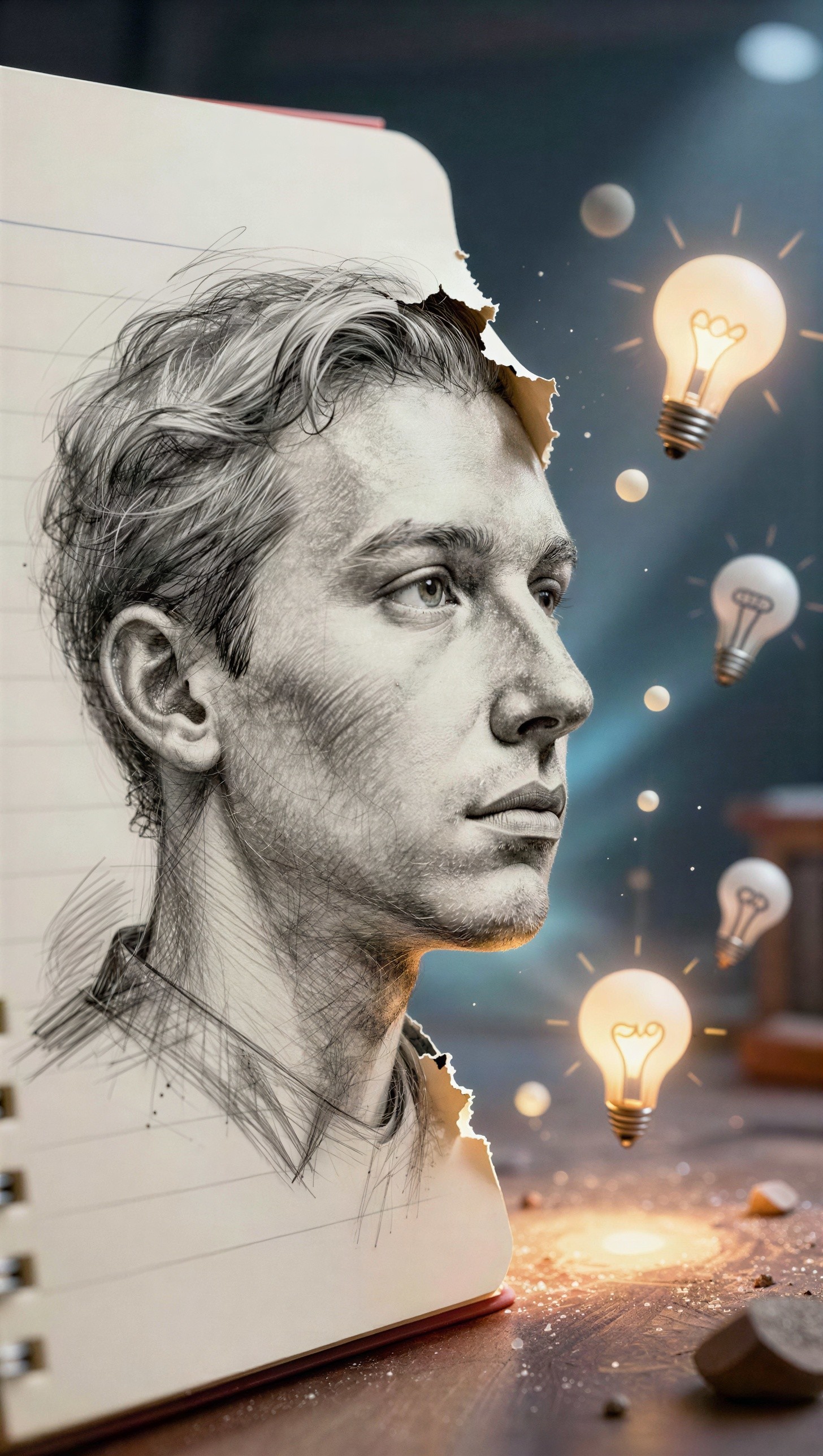 Detailed Sketch of a Man's Head with Ideas Background