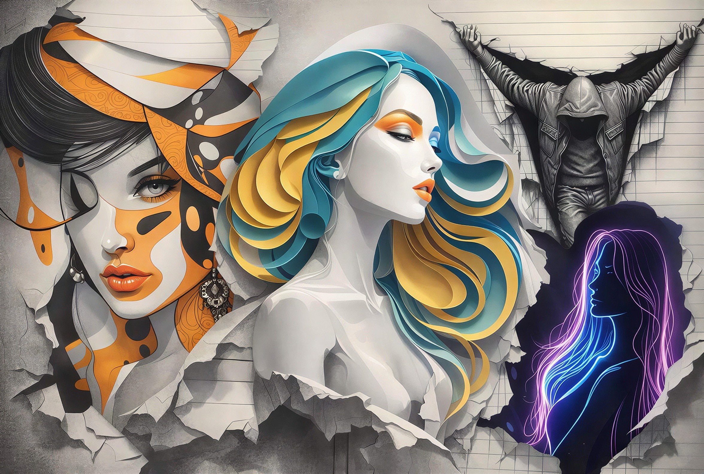 Images of Women and Man on Torn Paper Background