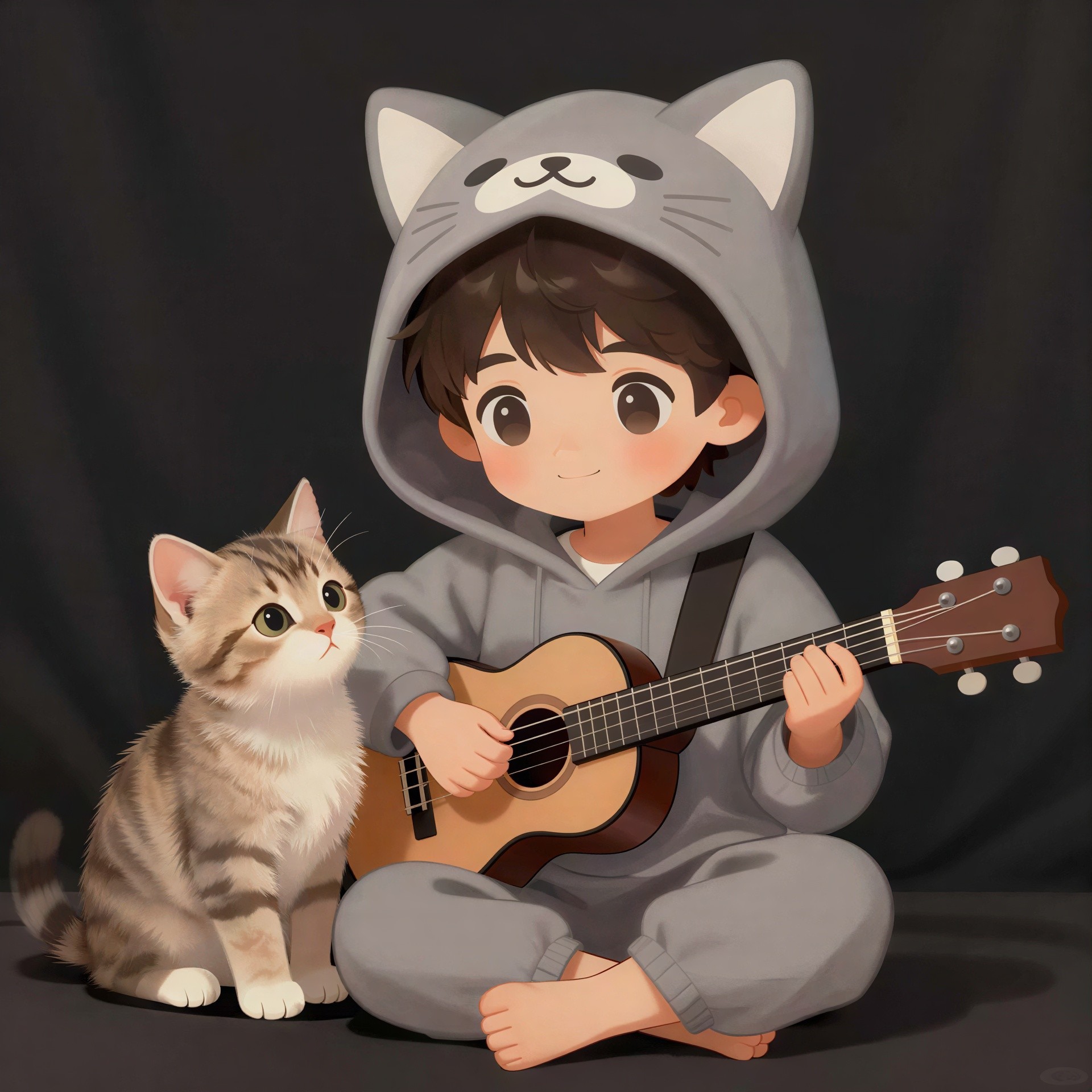 Cartoon Illustration of Boy in Cat Onesie with Ukulele