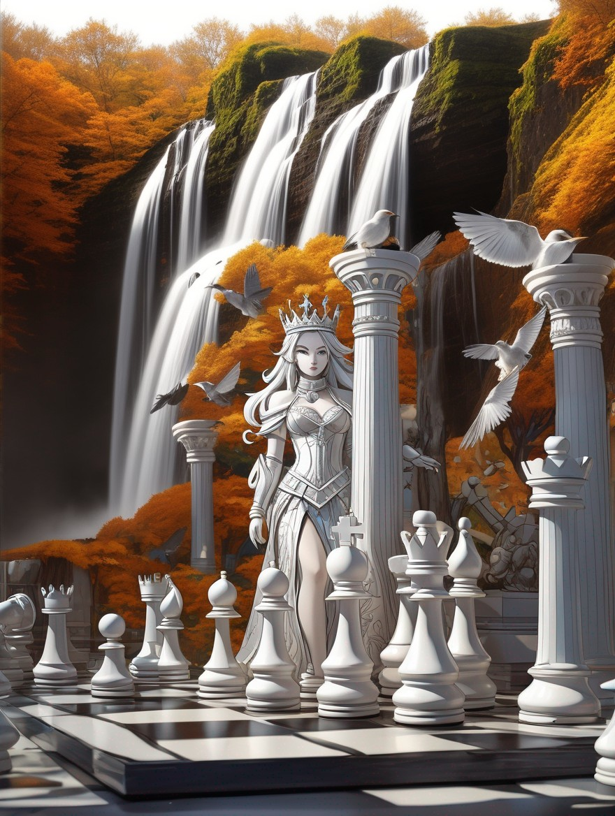 Majestic female chess queen in a serene landscape