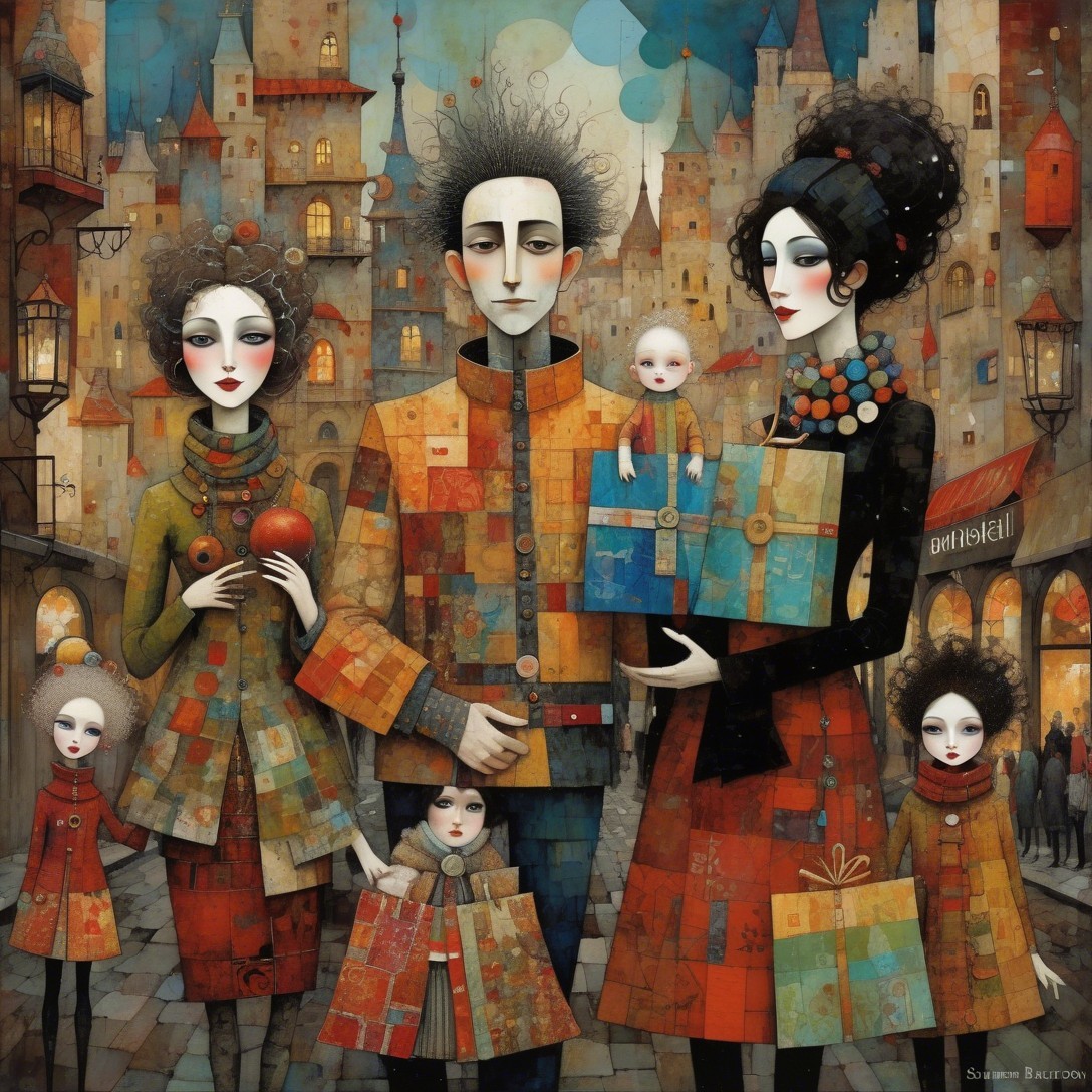 Intricate Modern Art Painting of a Family in Town