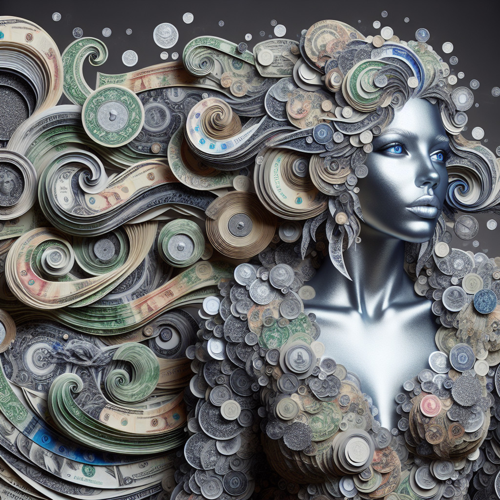 Silver-skinned figure with layered currency hair