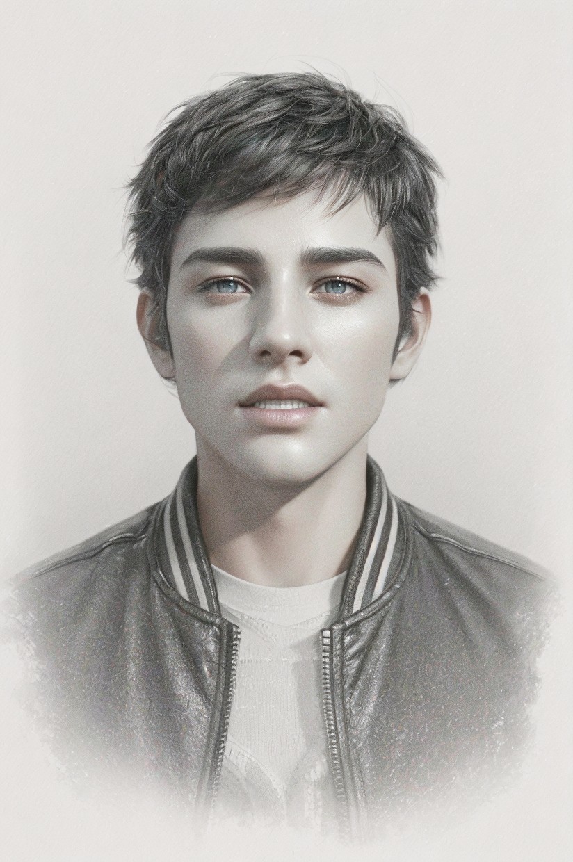 Young person with tousled hair and serene expression