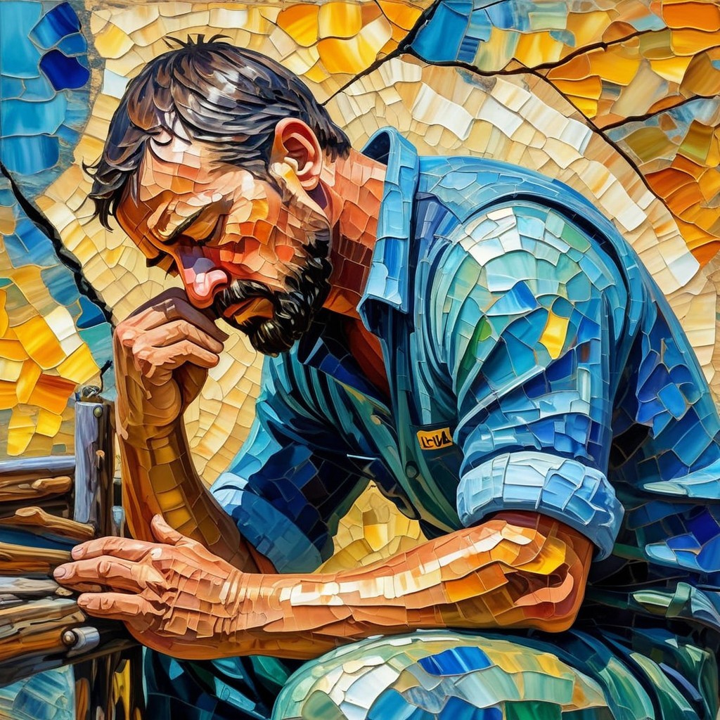 Contemplative Man Surrounded by Vibrant Colors