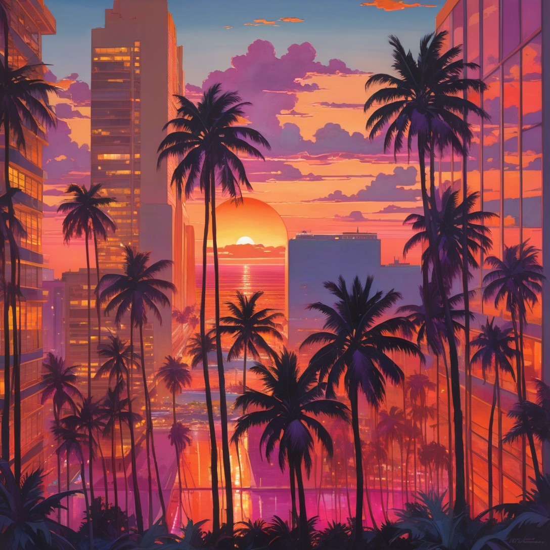 Vibrant Vaporwave Cityscape at Sunset with Palm Trees