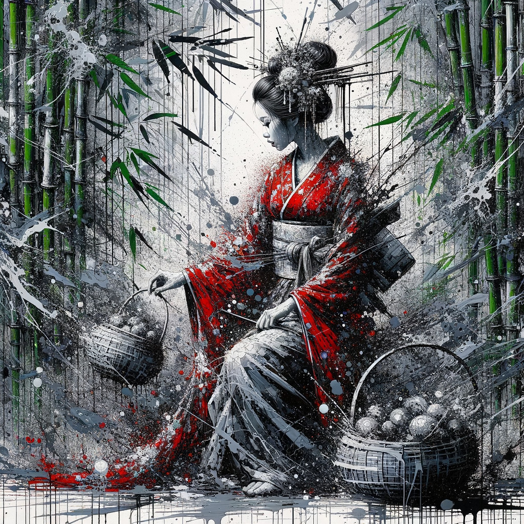 Traditional Kimono with Bamboo and Abstract Art Elements