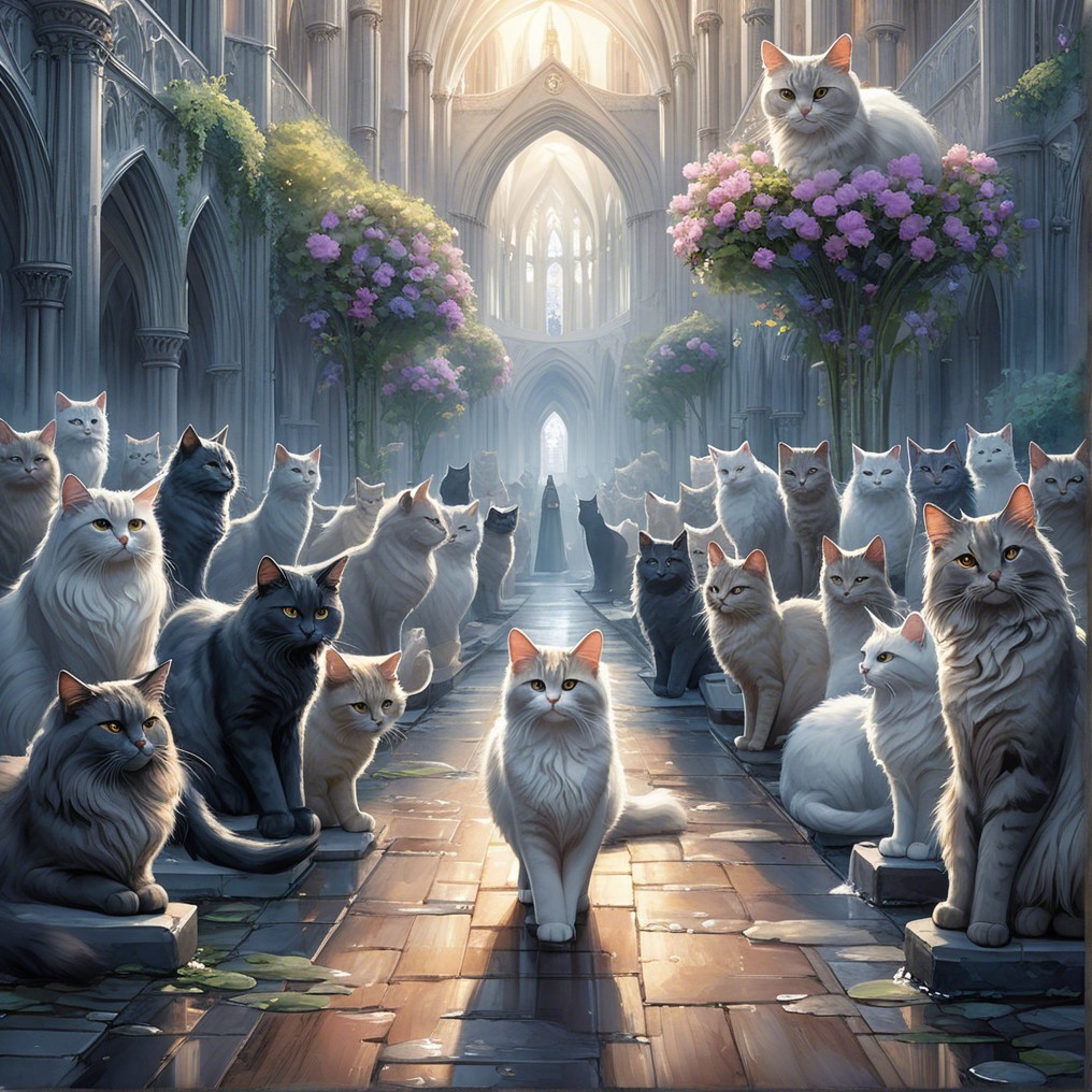 Cats in a Serene Cathedral with Vibrant Flowers
