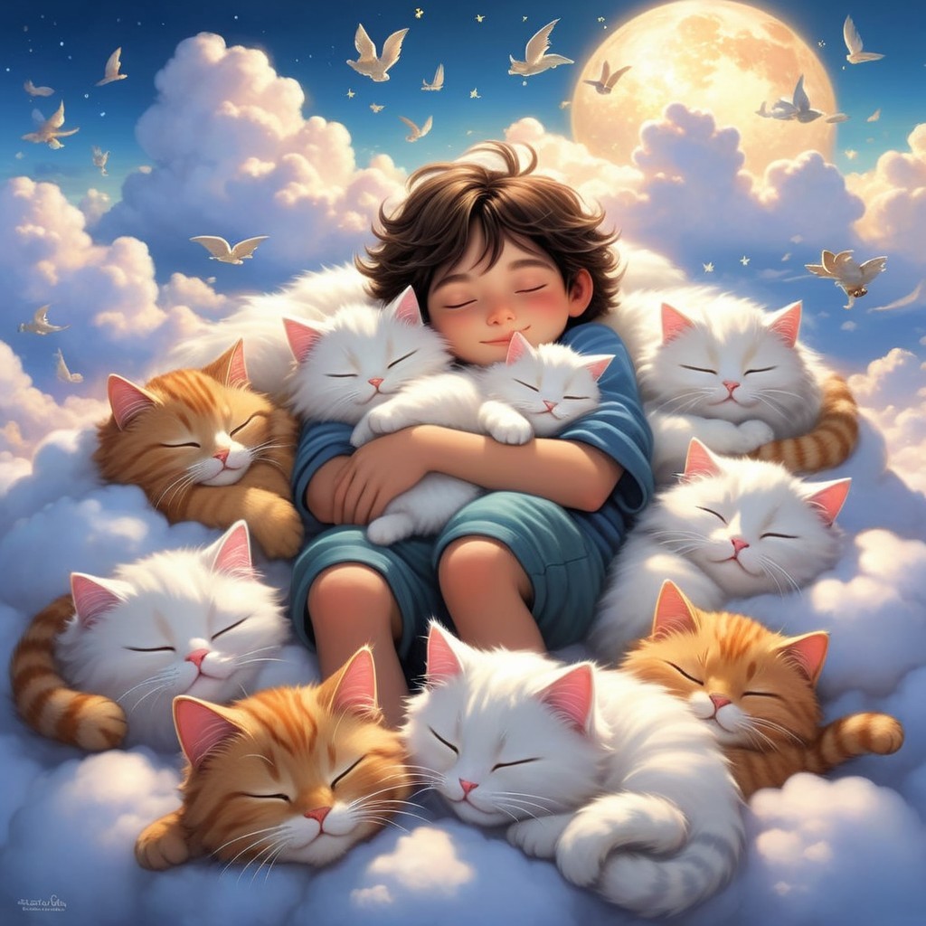 Dreamlike Scene of Boy and Cats Among Clouds