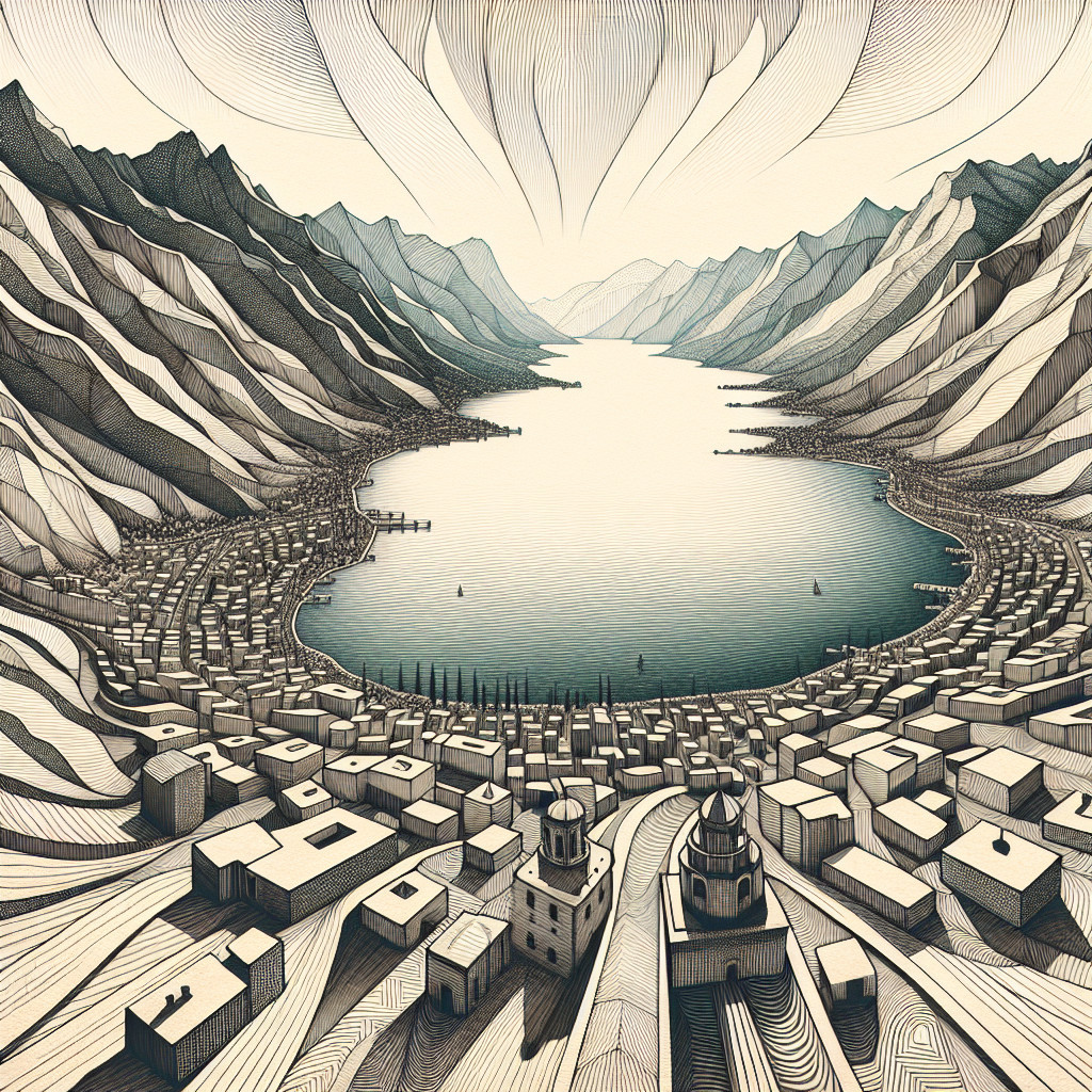 Stylized Landscape of Lake and Mountains with Houses