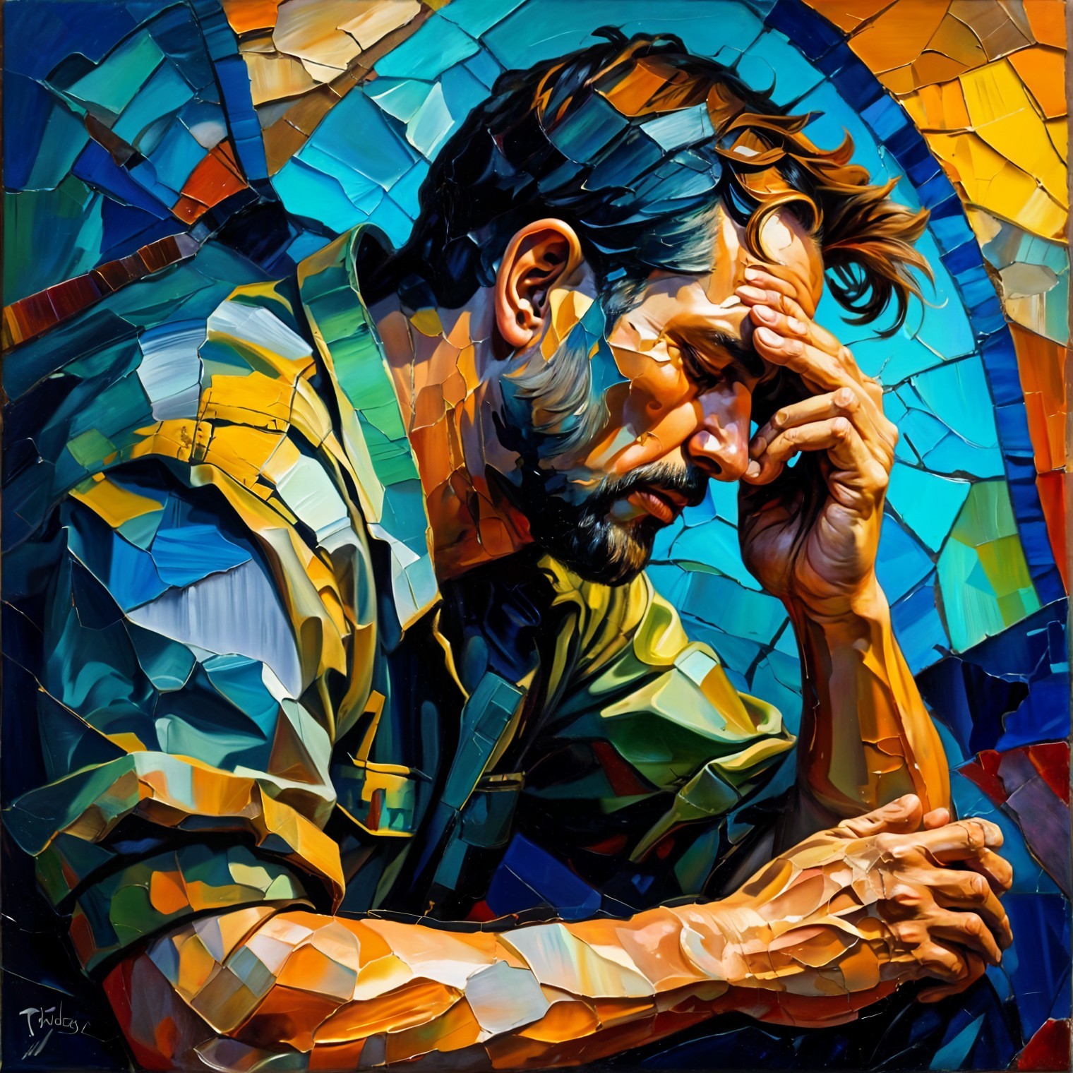 Mosaic Artwork of a Contemplative Man in Abstract Colors