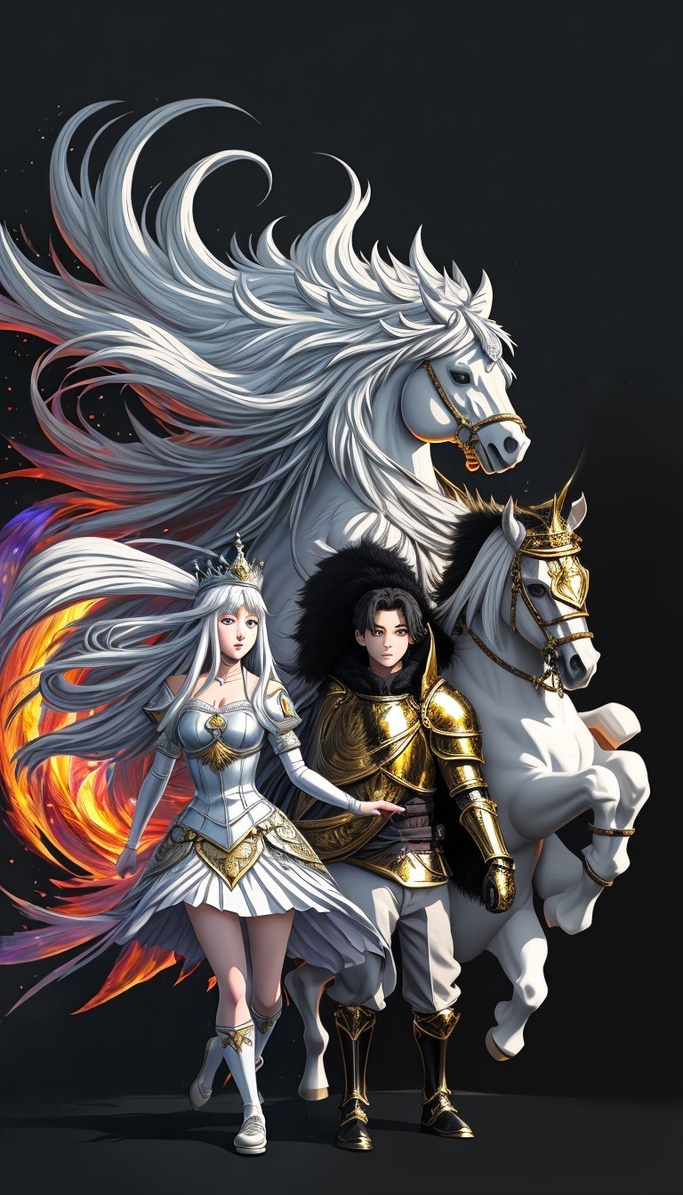 Golden-armored knight and silver-haired warrior in fantasy