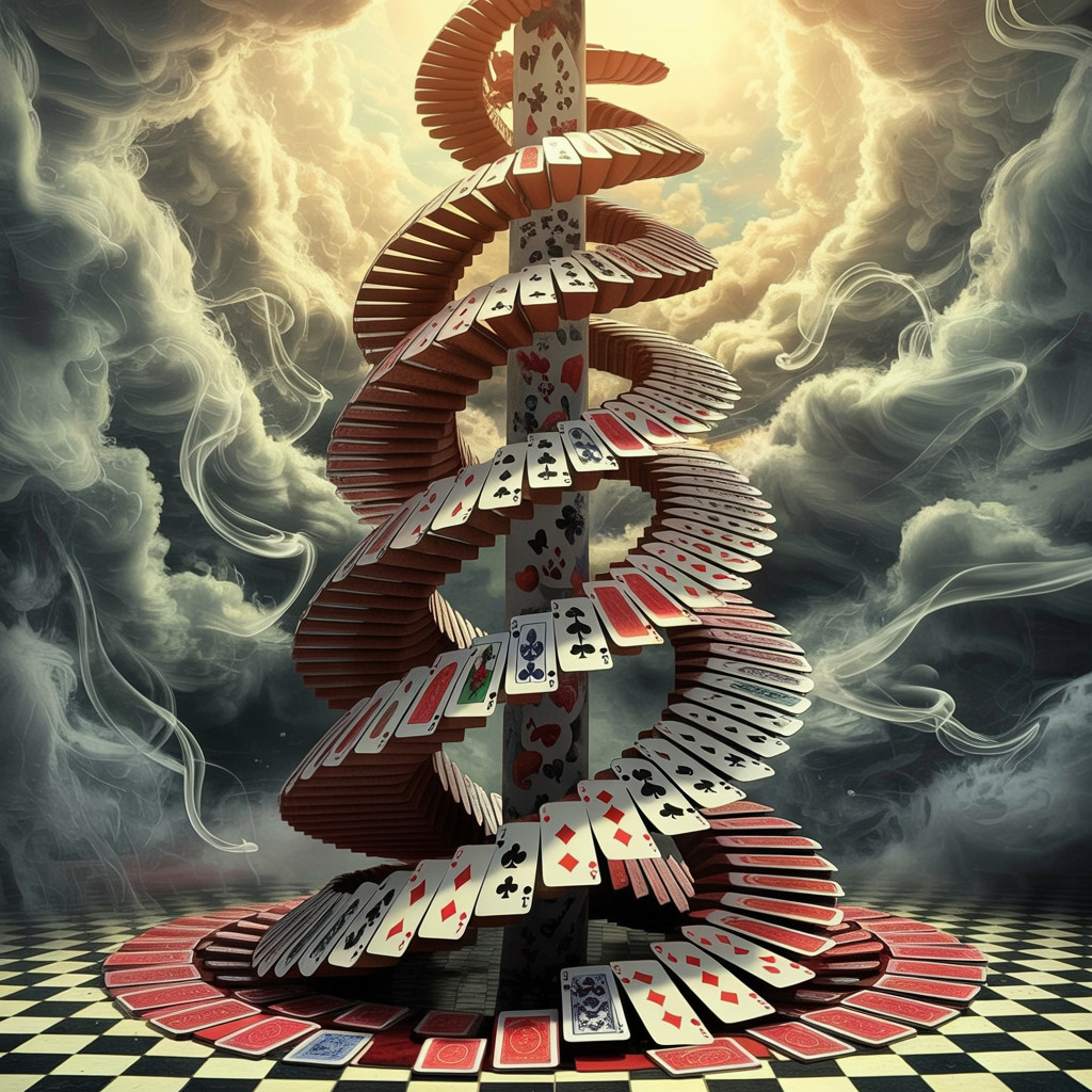 Spiral Tower of Playing Cards on Checkered Floor