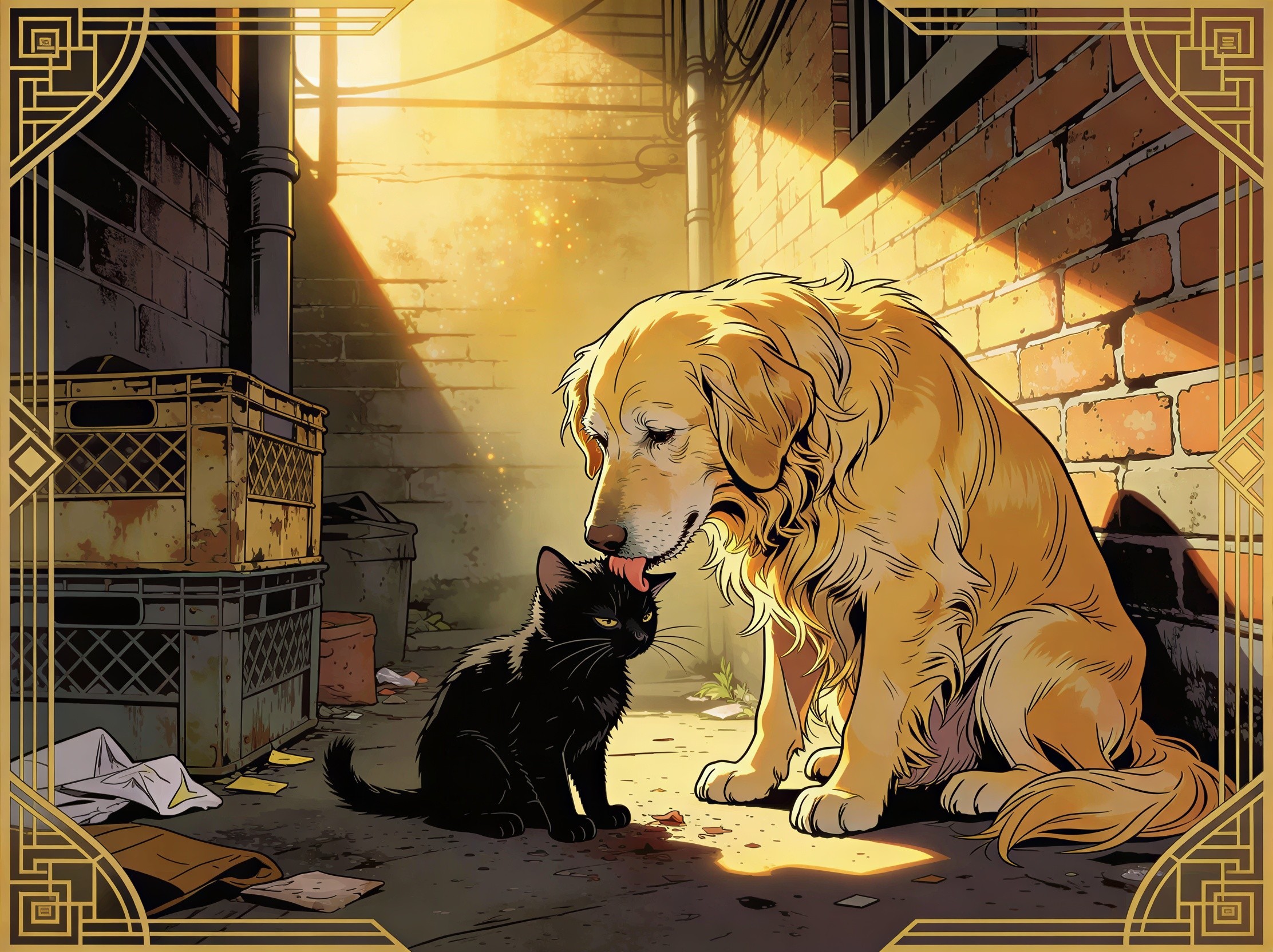 Golden Retriever Licking Black Cat in Alley Scene