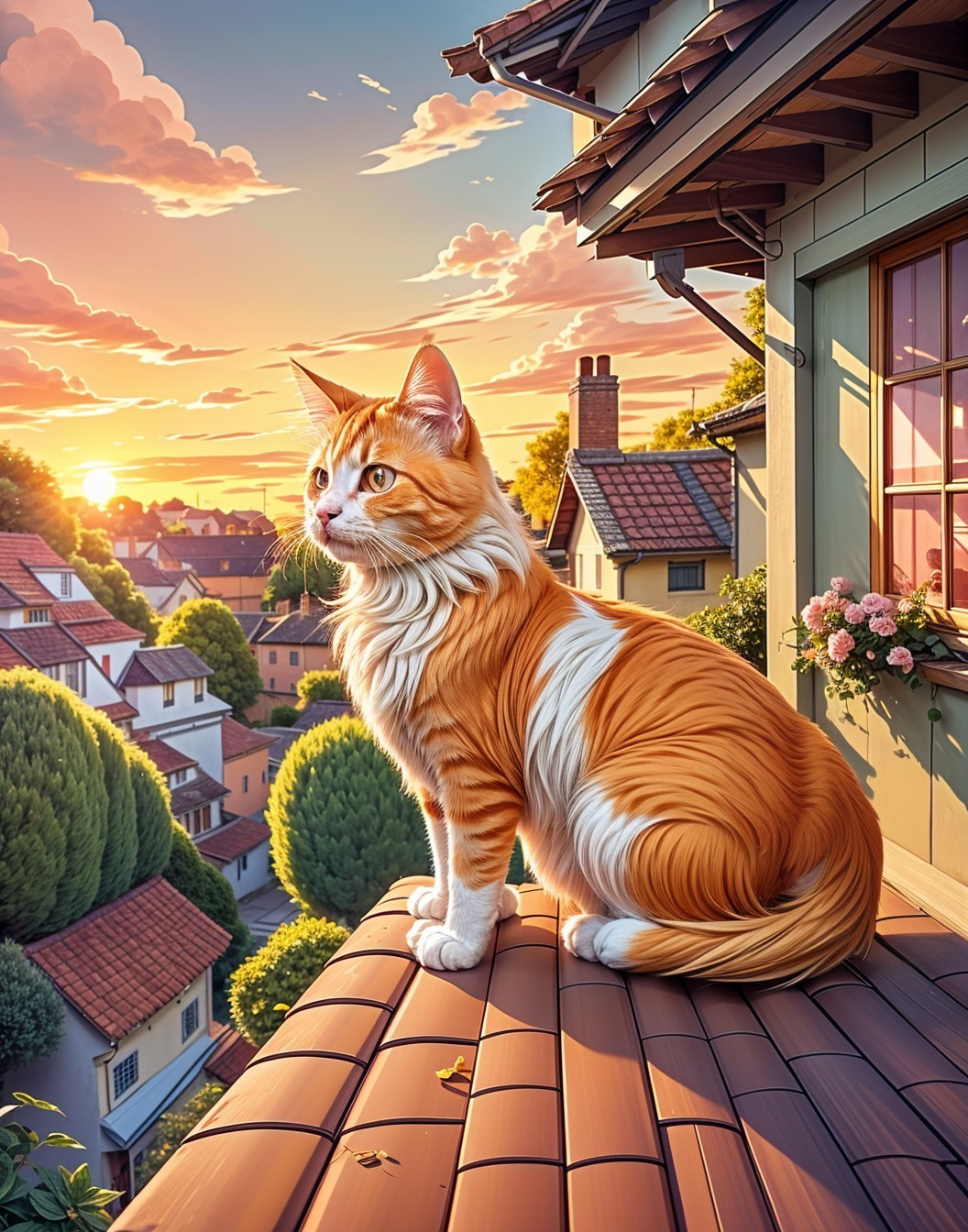 Majestic Cat on Rooftop at Vibrant Sunset Scene