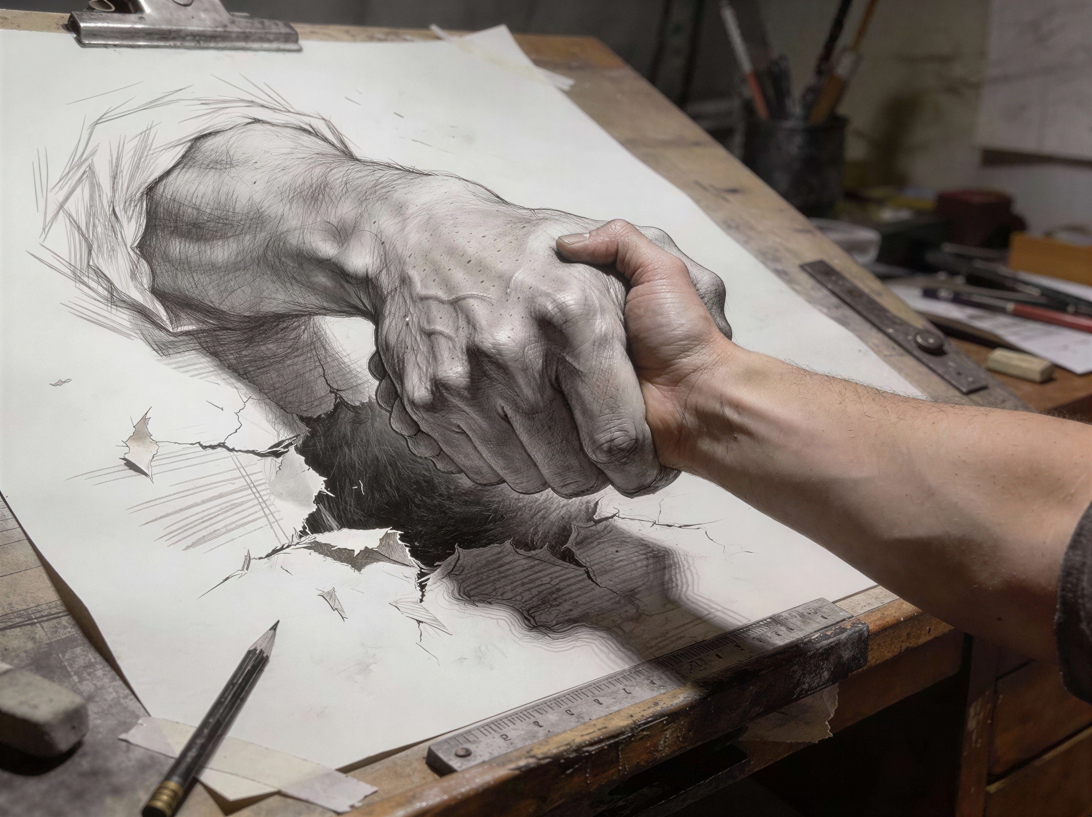 Realistic Pencil Drawing of Hands Shaking on Desk