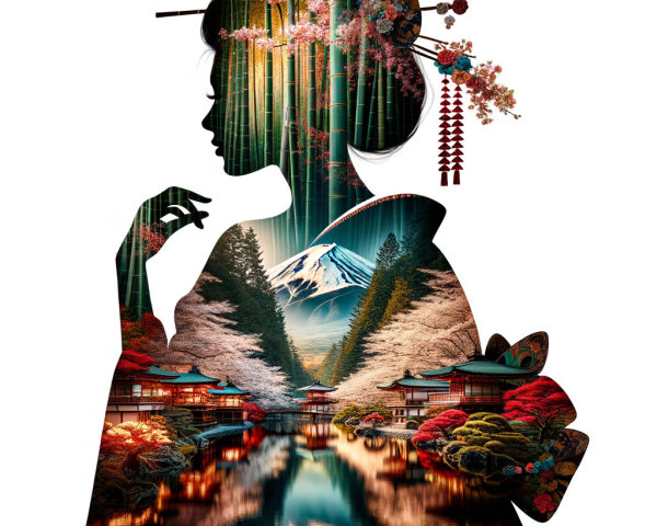 Silhouette of a Geisha in Kimono with Cherry Blossoms