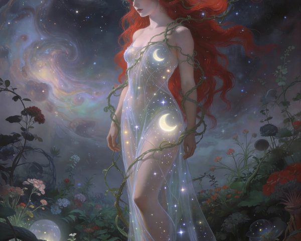 Goddess-like Woman in Ethereal Garden Under Galaxy Sky