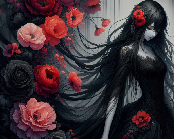 Mysterious Female Figure in Flowing Dress and Florals