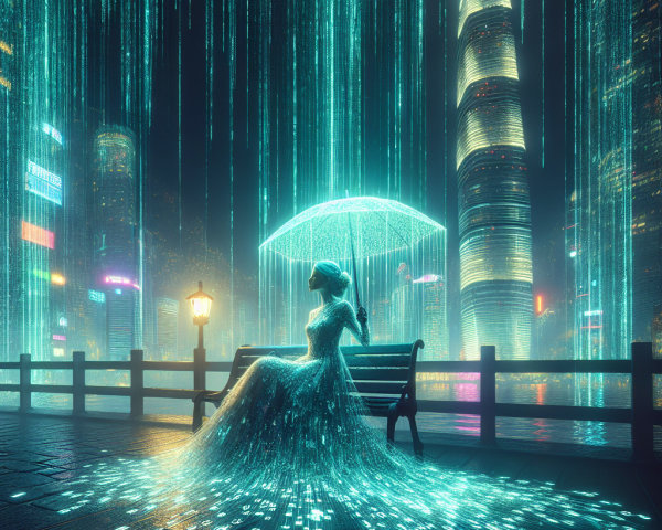 Futuristic cityscape with digital data and neon lights