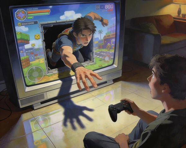 Surprised Young Man Playing Video Game on CRT TV