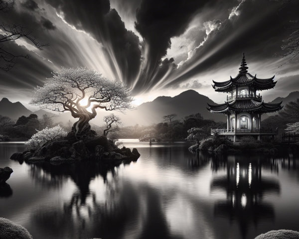 Black and White Landscape with Pagoda and Mountains