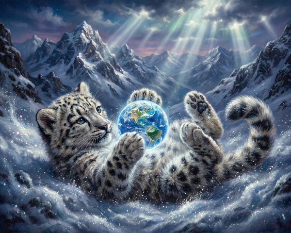 Fluffy Snow Leopard Cub with Miniature Earth in Snowy Landscape
