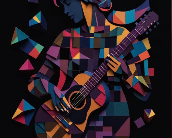 Woman Playing Guitar in Colorful Paper Cutout Style