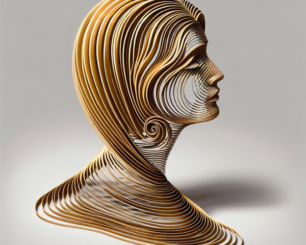 Sculpture of a woman's head with layered material design