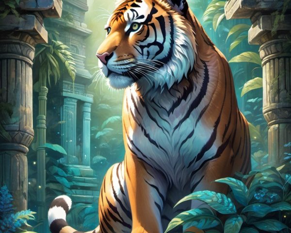 Digital Painting of a Tiger Under Ancient Archway